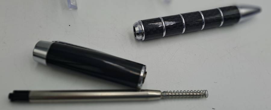 Black Brass Rollerball Pen With Chrome and Carbon Fibre Barrel  Parker Refill -Boxed