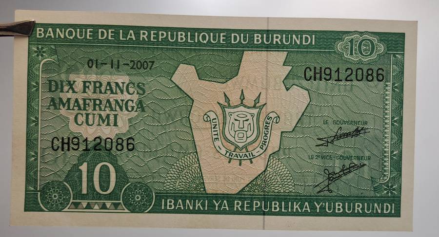 2007  Burundi 10 Francs Uncirculated Bank Note