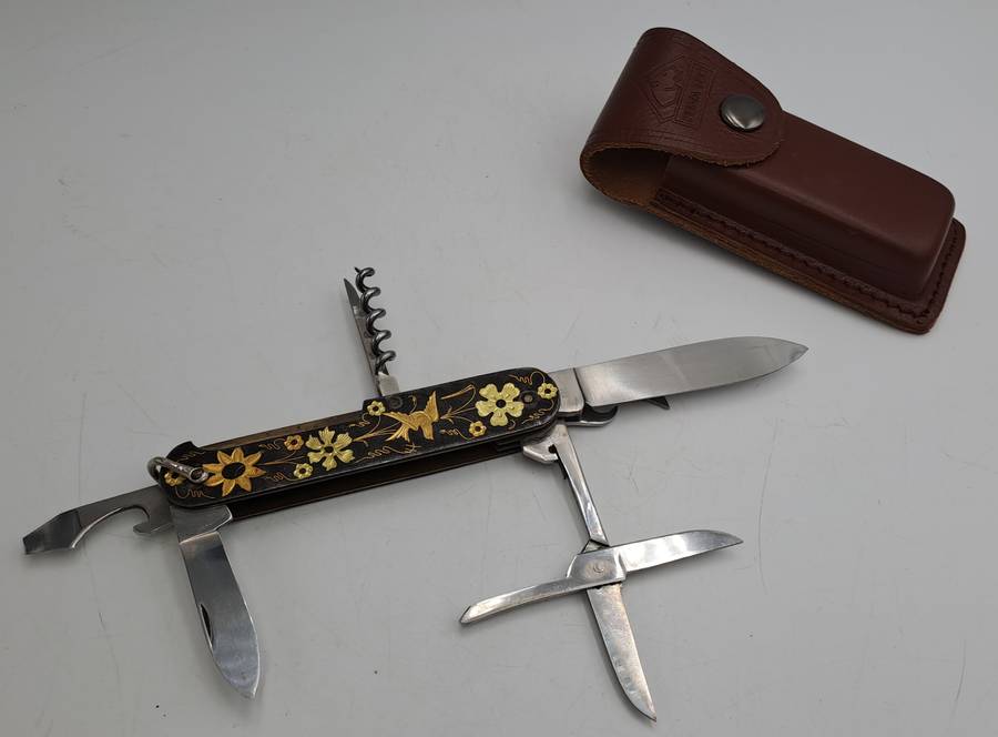 Vintage TOLEDO Inox Gold Inlay Sparrow Bird Blade Multitool Utility Pocket Knife