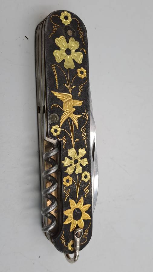 Vintage TOLEDO Inox Gold Inlay Sparrow Bird Blade Multitool Utility Pocket Knife