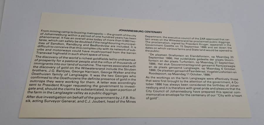 1986 RSA Johannesburg Centenary Commemorate Cover (2 Available)