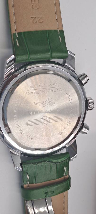 Un-Used Men's Zeppelin 100 Jahre Quartz Chronograph watch with green Leather strap