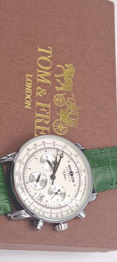 Un-Used Men's Zeppelin 100 Jahre Quartz Chronograph watch with green Leather strap
