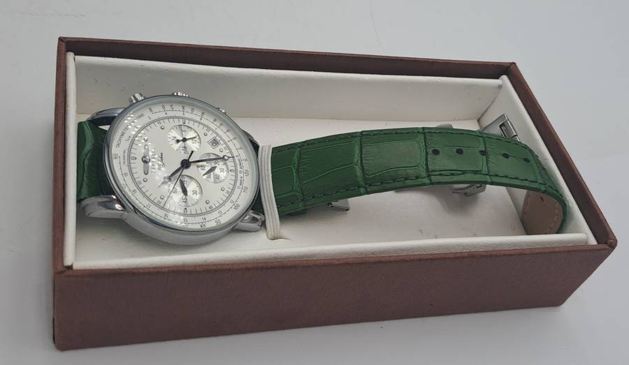 Un-Used Men's Zeppelin 100 Jahre Quartz Chronograph watch with green Leather strap