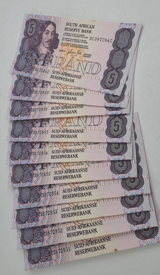 Lot of 10 1989 Gerhard De Kock R5 Notes 3rd Issue In Sequence