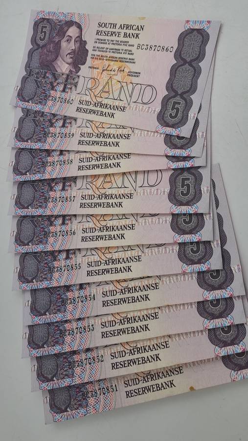 Lot of 10 1989 Gerhard De Kock R5 Notes 3rd Issue In Sequence