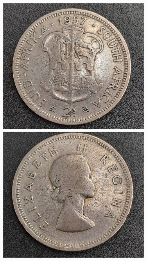 1957 South Africa Silver 2 Shillings - Elizabeth II 1st portrait