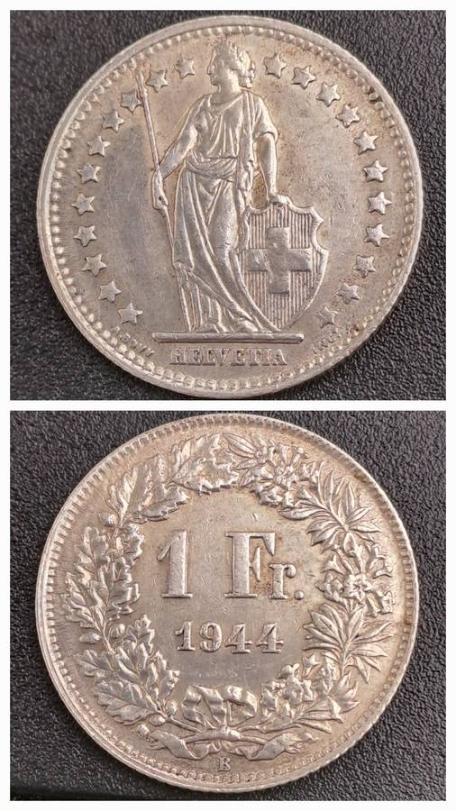 1944 Switzerland SILVER 1 Franc Helvetia standing