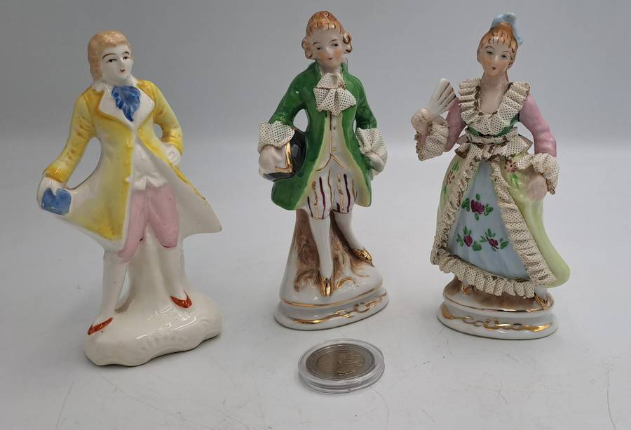 3 Vintage Porcelain Figurines possible made in Occupied Japan(one repaired)