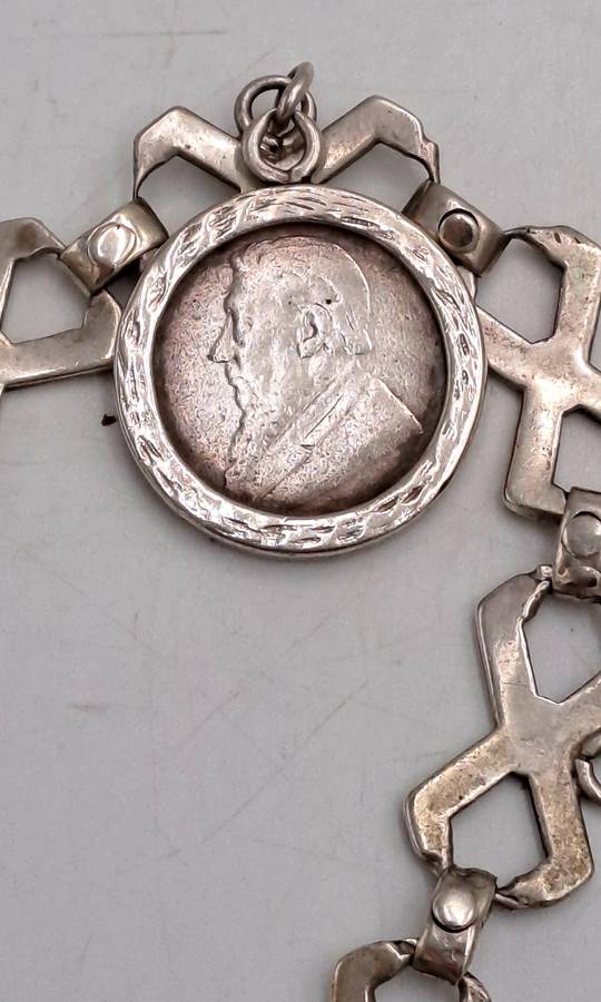 Antique Sterling Silver Bracelet with 3 Silver Coins 1896 ZAR 2½ Shillings,1896 6 Pence, UK 1888 4 P