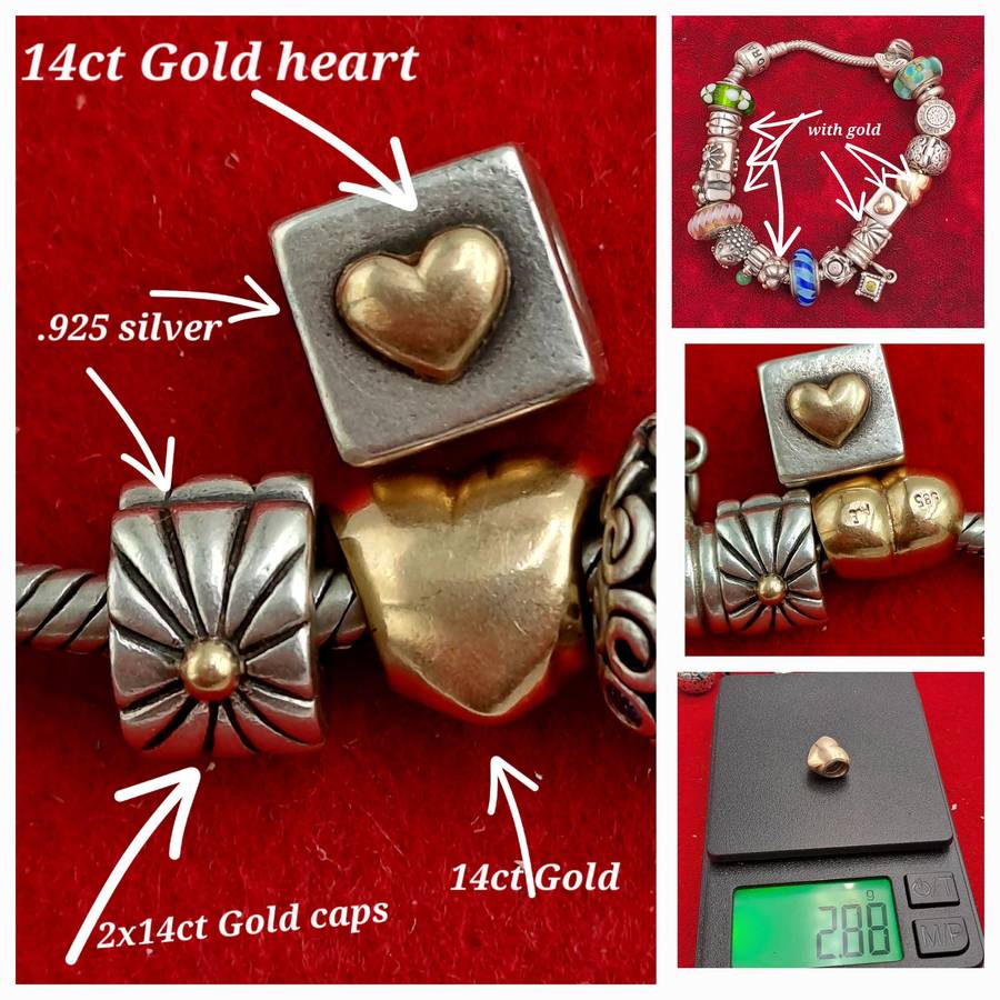 Pandora Charm Bracelet with 18 Charms .925 Silver,6 with Gold- 1x 2,88g 14kt Gold Heart -boxed