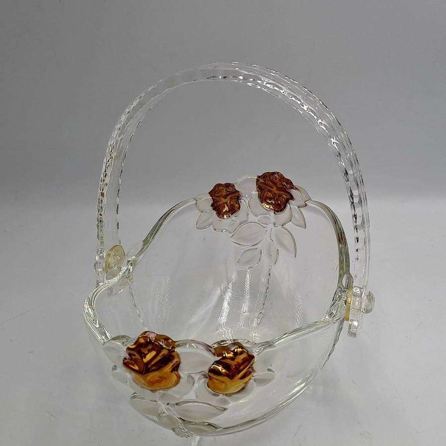 Clear Glass Basket with Collapsible Plastic Handle, Gold Roses and Frosted Leaves, Crystal Look