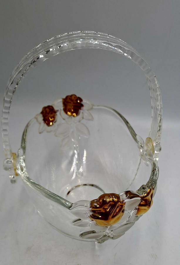 Clear Glass Basket with Collapsible Plastic Handle, Gold Roses and Frosted Leaves, Crystal Look