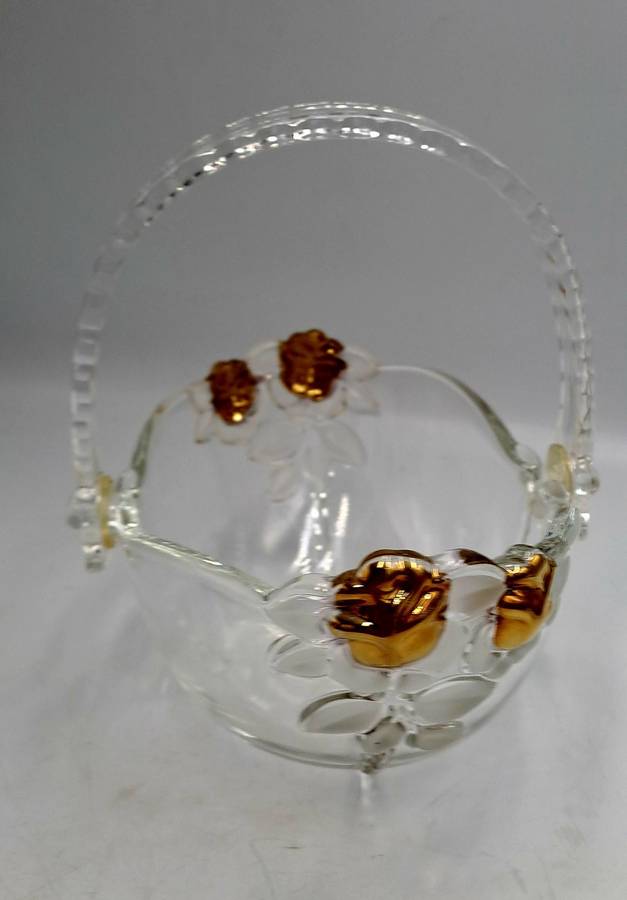 Clear Glass Basket with Collapsible Plastic Handle, Gold Roses and Frosted Leaves, Crystal Look