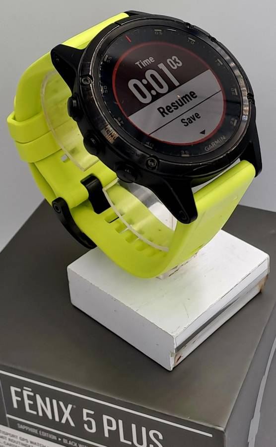 Pre-Owned Garmin Fenix 5 Plus Sapphire Edition Black with green band -Boxed