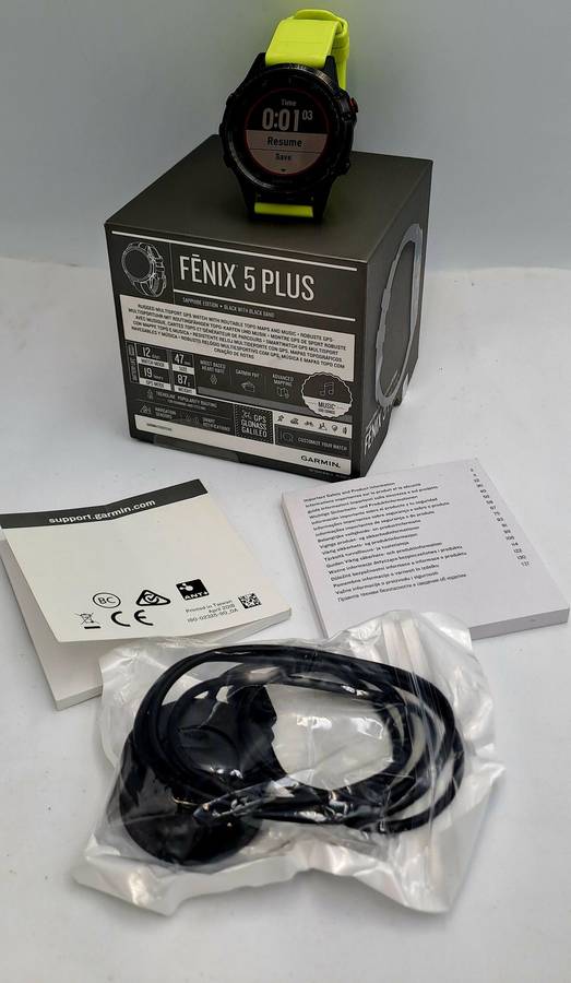 Pre-Owned Garmin Fenix 5 Plus Sapphire Edition Black with green band -Boxed