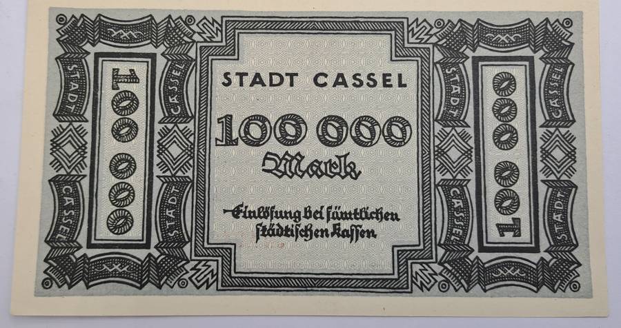 1923 German notgeld 100 000 Mark City of Kassel (Prussian province of Hesse-Nassau)