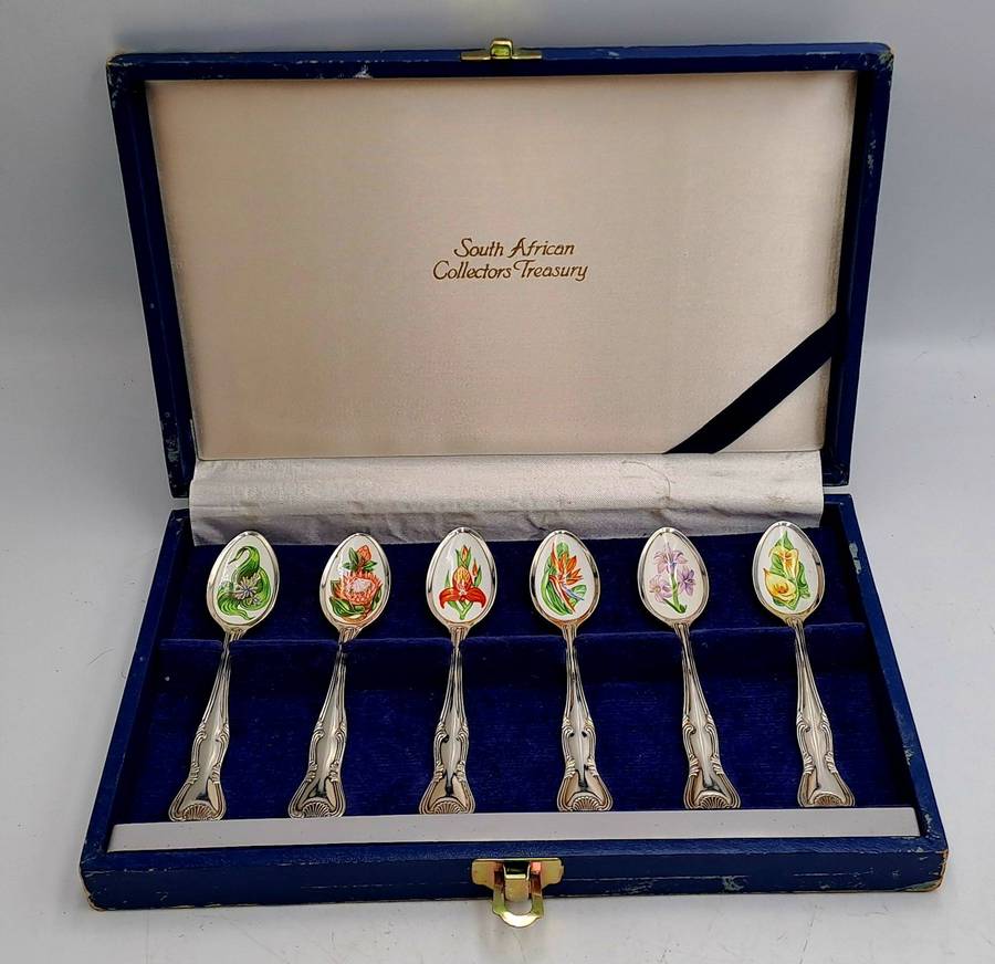 South African Collectors Treasury Wild Flower Floral enamel and Silver plate spoonset Boxed