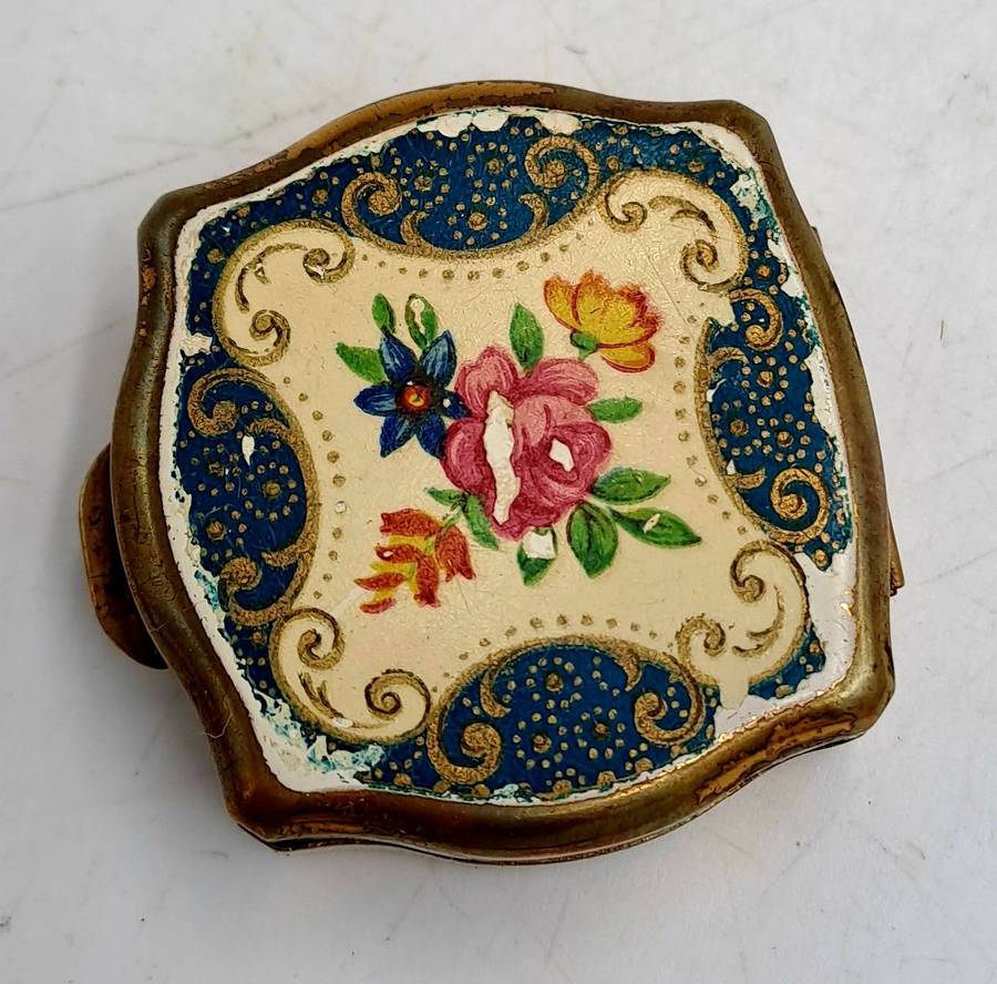 Small Vintage Stratton Pill Box Gold Enamel Floral Design-see patina