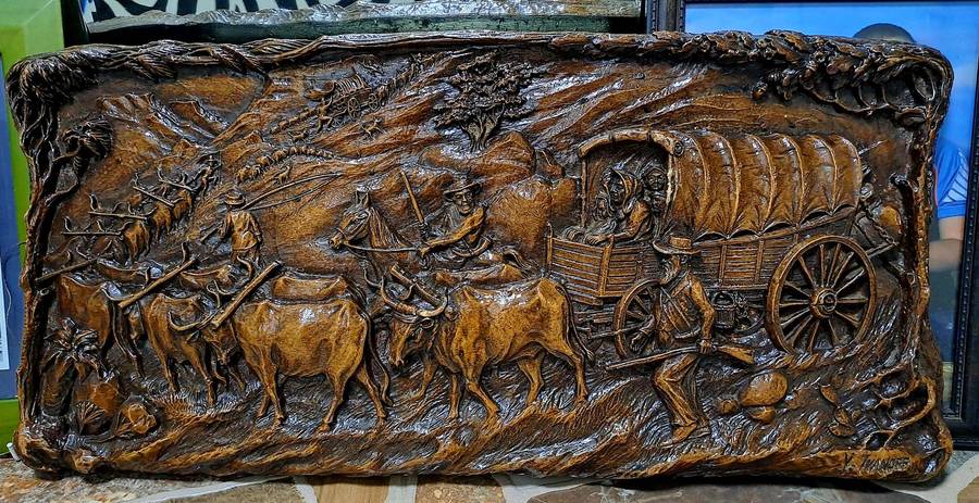 Vintage 1938-1940 Syroco "Voortrekker Wagon Train" wood Carving Wall Plague By Vadim Ivanoff