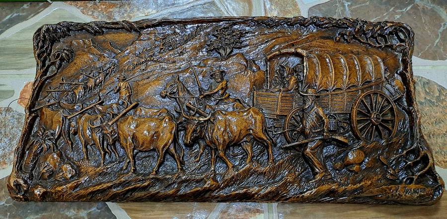 Vintage 1938-1940 Syroco "Voortrekker Wagon Train" wood Carving Wall Plague By Vadim Ivanoff