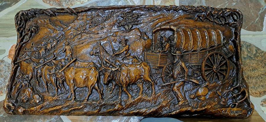 Vintage 1938-1940 Syroco "Voortrekker Wagon Train" wood Carving Wall Plague By Vadim Ivanoff