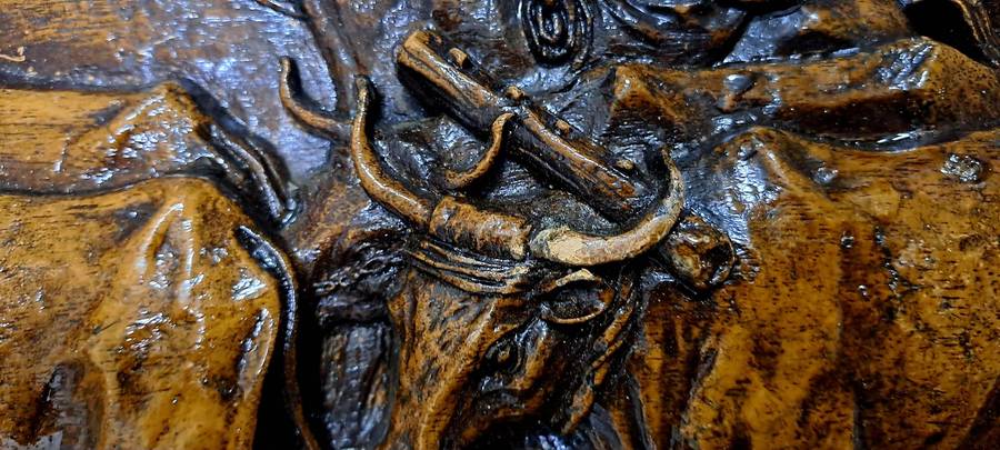 Vintage 1938-1940 Syroco "Voortrekker Wagon Train" wood Carving Wall Plague By Vadim Ivanoff