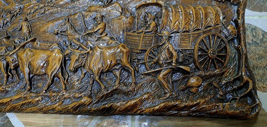 Vintage 1938-1940 Syroco "Voortrekker Wagon Train" wood Carving Wall Plague By Vadim Ivanoff