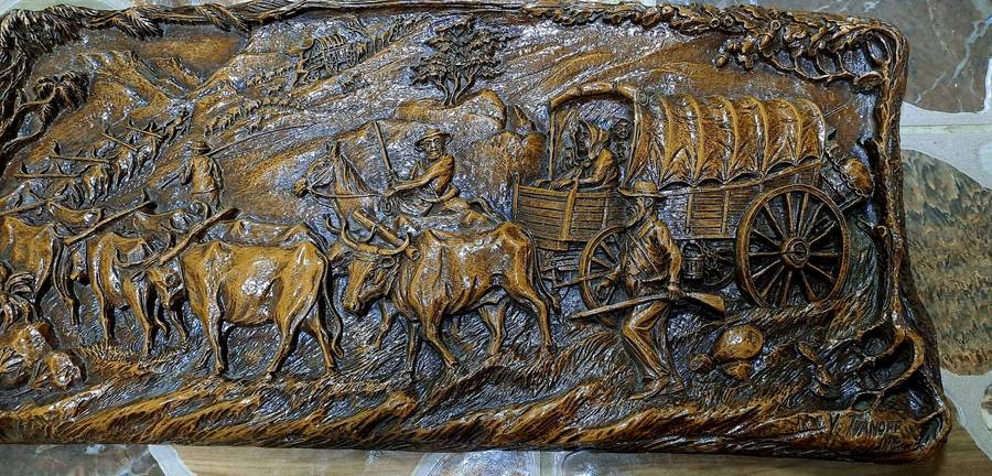 Vintage 1938-1940 Syroco "Voortrekker Wagon Train" wood Carving Wall Plague By Vadim Ivanoff