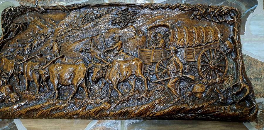 Vintage 1938-1940 Syroco "Voortrekker Wagon Train" wood Carving Wall Plague By Vadim Ivanoff