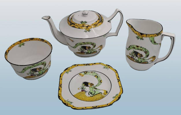 10 Pc's of Antique 1920's Art Deco Melba Bone China Dolly Varden Teaset(incomplete) 6 plates