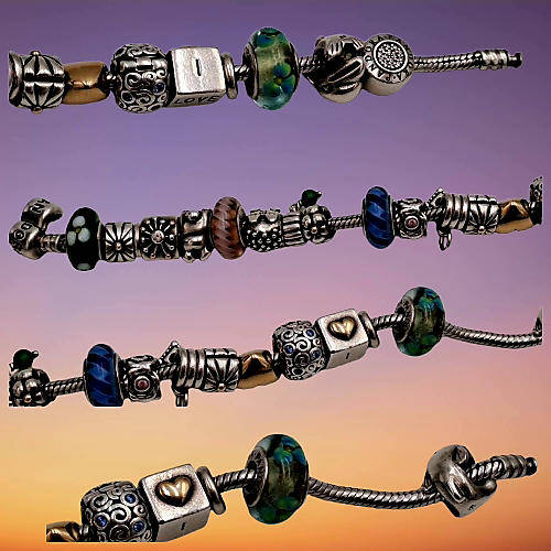 Pandora Charm Bracelet with 18 Charms .925 Silver,6 with Gold- 1x 2,88g 14kt Gold Heart -boxed