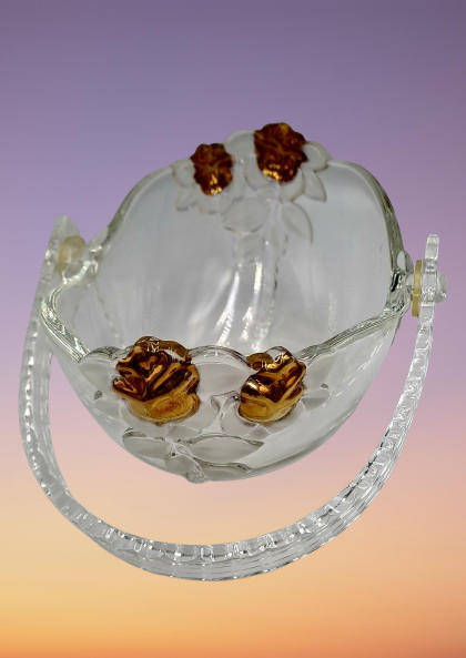 Clear Glass Basket with Collapsible Plastic Handle, Gold Roses and Frosted Leaves, Crystal Look