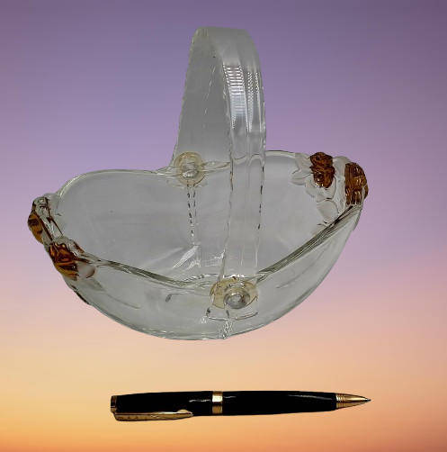 Clear Glass Basket with Collapsible Plastic Handle, Gold Roses and Frosted Leaves, Crystal Look
