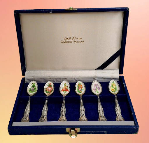 South African Collectors Treasury Wild Flower Floral enamel and Silver plate spoonset Boxed