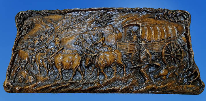 Vintage 1938-1940 Syroco "Voortrekker Wagon Train" wood Carving Wall Plague By Vadim Ivanoff