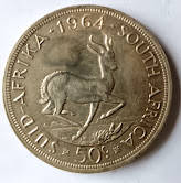 1964 SA Union silver 5 shillings (crown) coin - 80% Silver