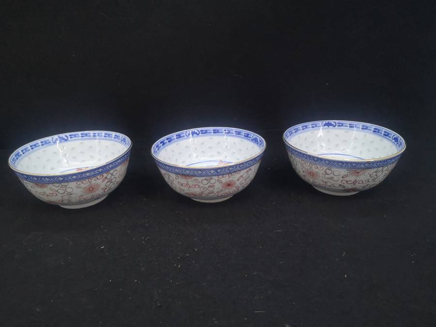 3 Rice bowls - decorated in Hong Kong