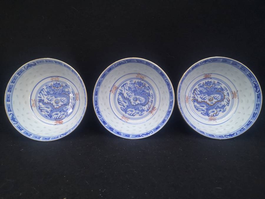 3 Rice bowls - decorated in Hong Kong
