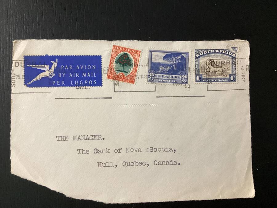 Cover (only front part of envelope) 1952 South Africa Union Airmail to Canada