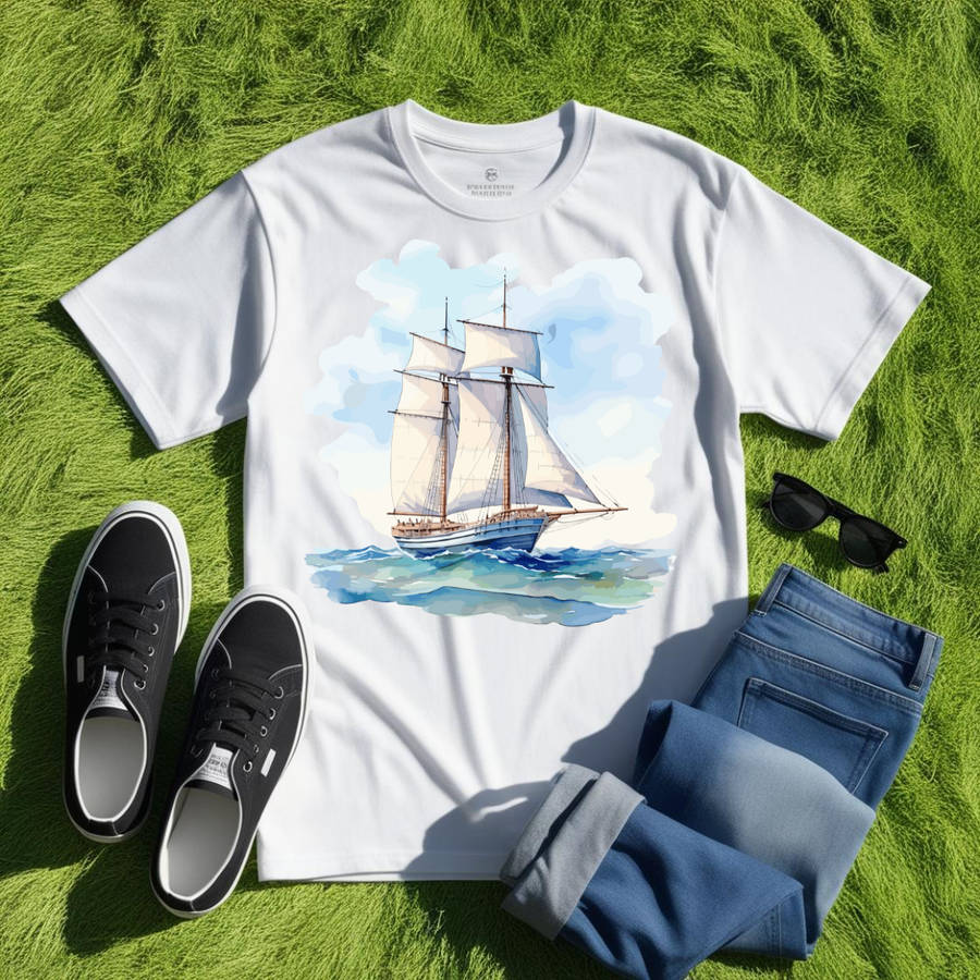 SAILBOAT SERENITY - Azure Horizon - Unisex Crew Neck Tee