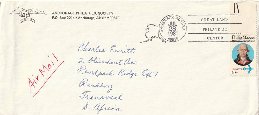 United States USA Cover - 1980 - Philip Mazzei Airmail Anchorage Alaska Great Land Philatelic Cente