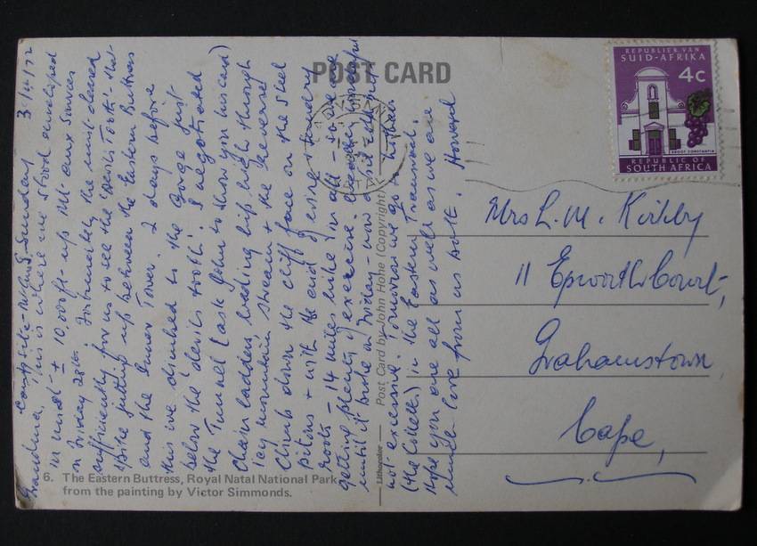 John Hone POSTCARD - The Eastern Buttress, Royal Natal National Park (from a Simmonds painting) 1972