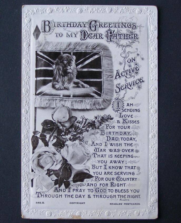 Beagles Embossed POSTCARD - Birthday Greetings to my Dear Father, On Active Service