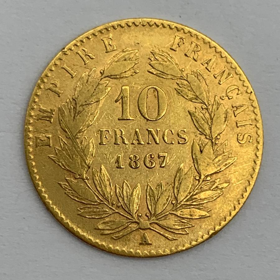 Gold French 'Napoleon III' (1867) 10 Francs Coin