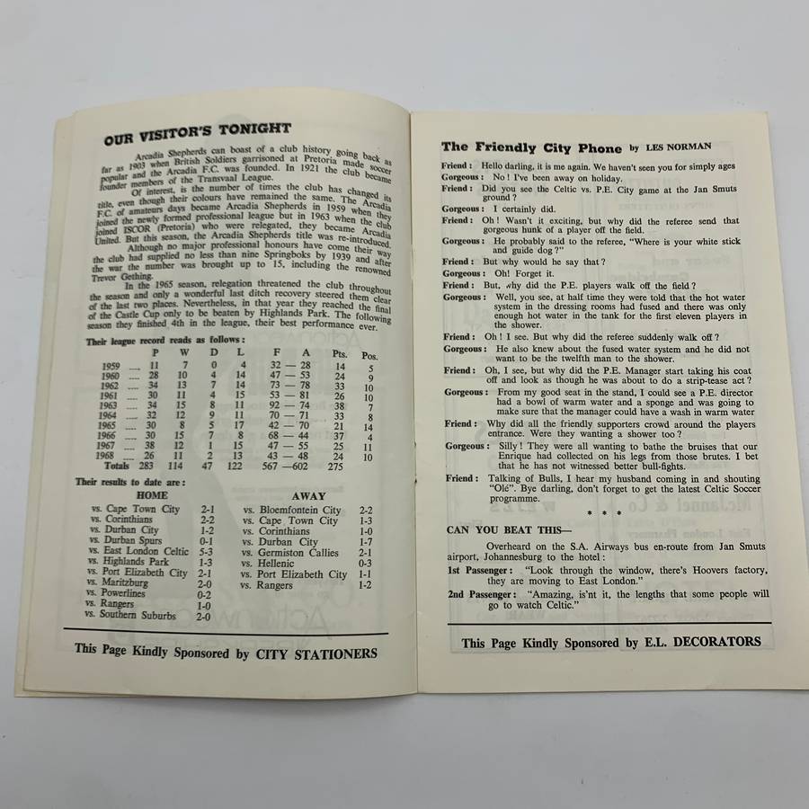 Soccer  '1969 East London Celtic vs Arcadia Shepherds' Official Programme