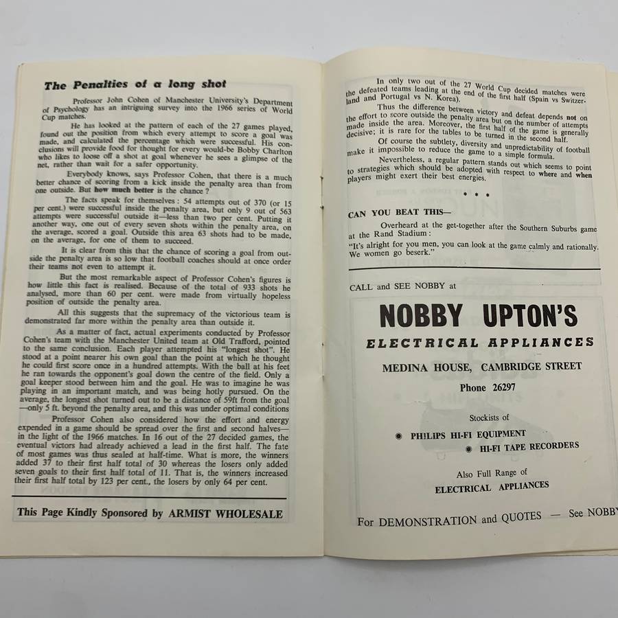 Soccer  '1969 East London Celtic vs Arcadia Shepherds' Official Programme