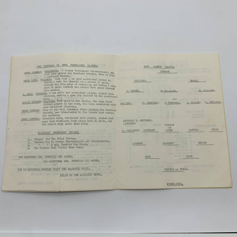 Soccer  '1968 East London Celtic vs Powerlines' Official Programme
