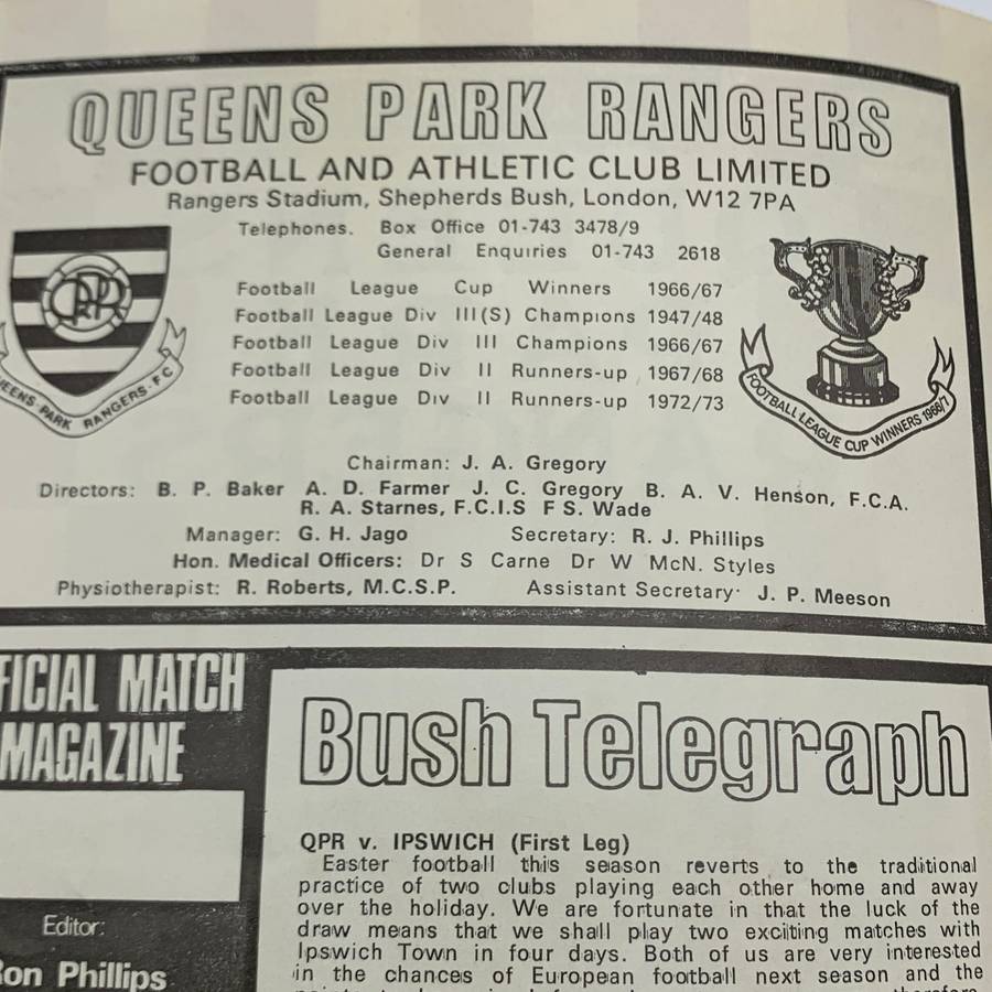 Soccer  '1973/4 Queens Park Rangers vs Ipswich Town' Official Programme
