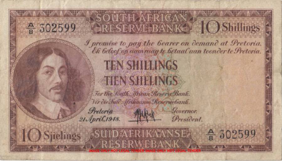 WOW    ***  MH de Kock 1948 Ten Shillings  Note  ***     A8 302599     SET068